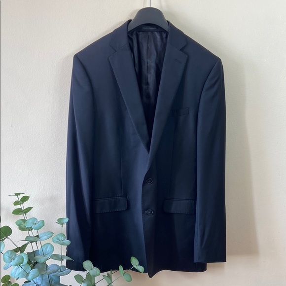Calvin Klein Men's Slim Fit Wool Suit Jacket Pants 44L Black Stripe Formal - Picture 1 of 8